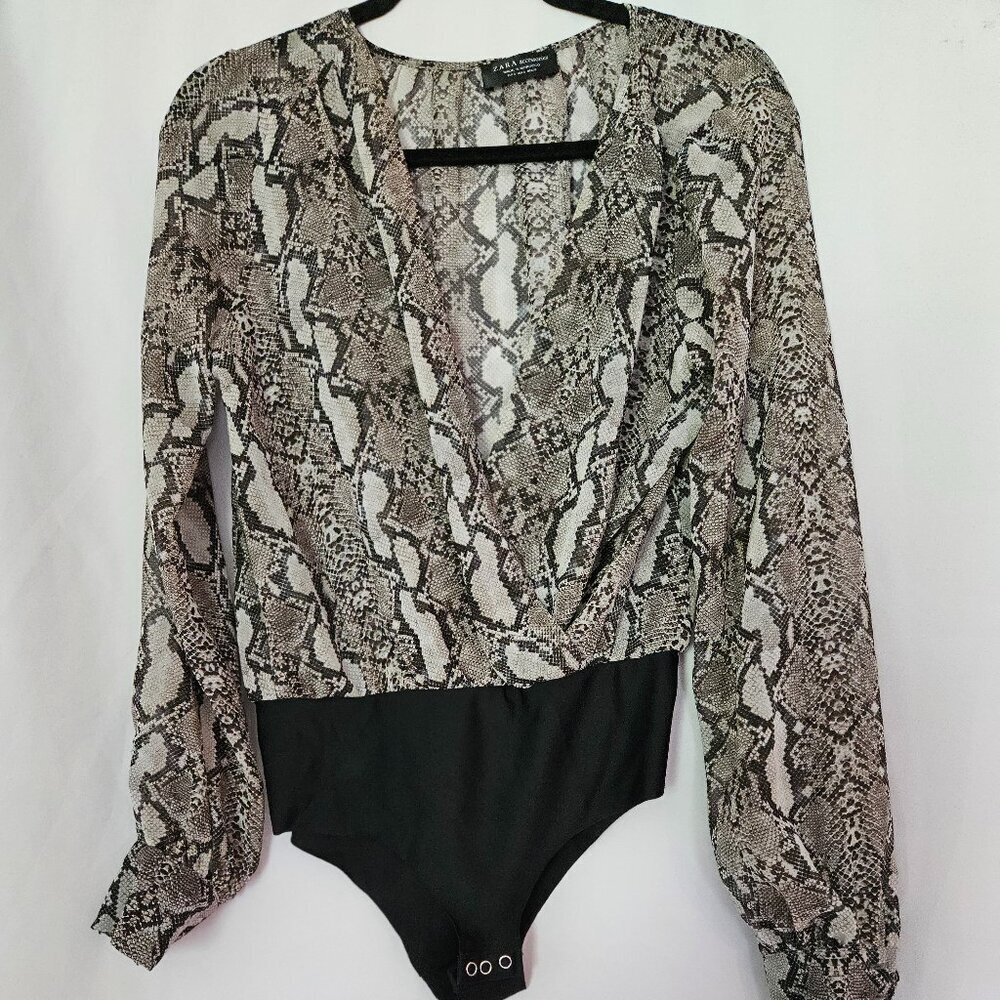 Zara Accessories Snake‎ Print Semi-sheer Bodysuit Long Sleeve Deep V-neck Sz S